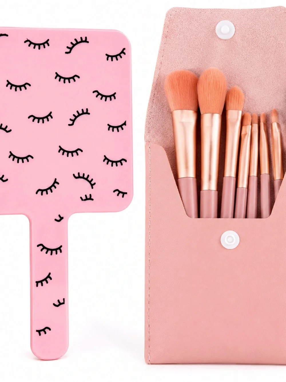Pink Handheld Makeup Mirror & 8pc Travel Brush Set Case Cute Beauty Gift Bundle